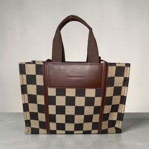 Charles & Keith Checkerboard Canvas Tote Bag Brown Tan Handbag Shoulder Bag